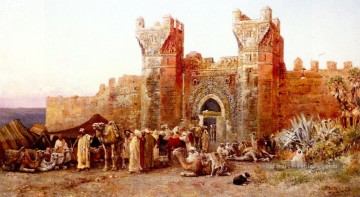 Le départ d’une caravane de la porte de Shelah Maroc Arabian Edwin Lord Weeks Peinture à l'huile